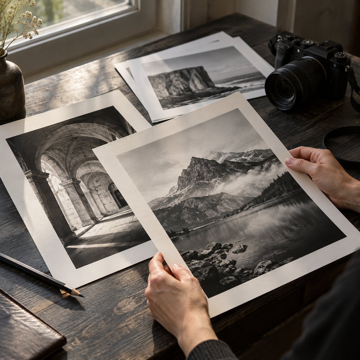 Étude de tirages photographiques à la lumière d’une fenêtre