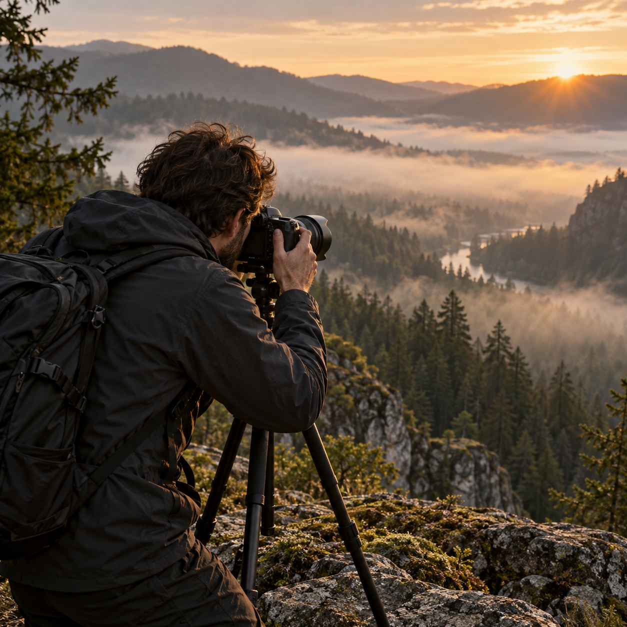 Photographe face à une vallée brumeuse au lever du soleil